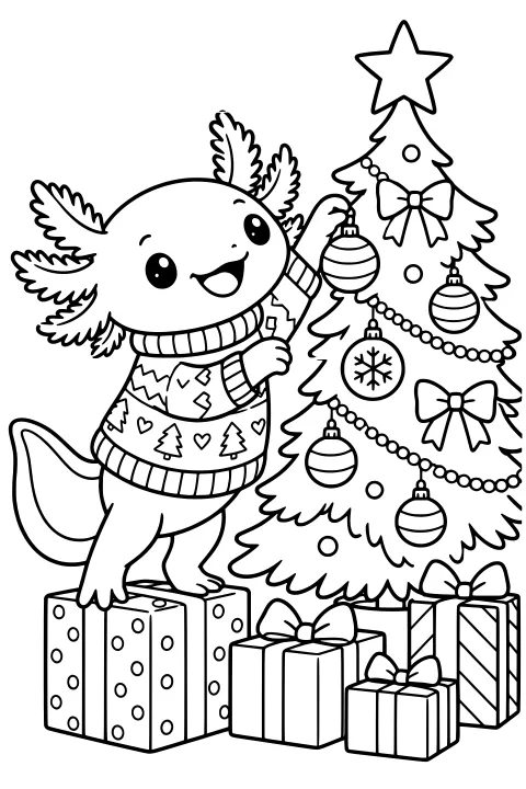 Axolotl wearing a patterned sweater, standing on a gift and reaching toward a bauble on a decorated Christmas tree surrounded by wrapped presents.