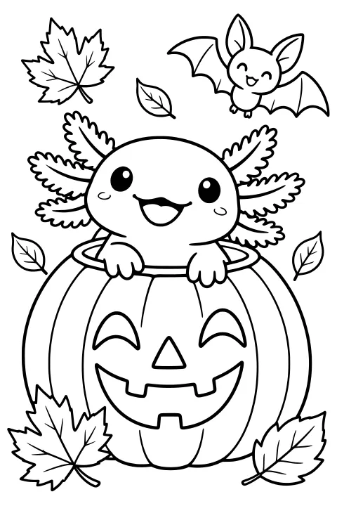 Axolotl peeking from a carved pumpkin with feathery external gills, a flying bat, and scattered autumn leaves.