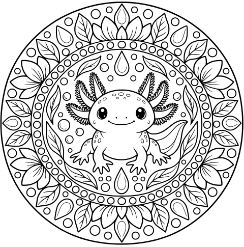 Spotted axolotl with feathery gills centered inside a circular floral mandala of leaves, petals, droplets, and dots.