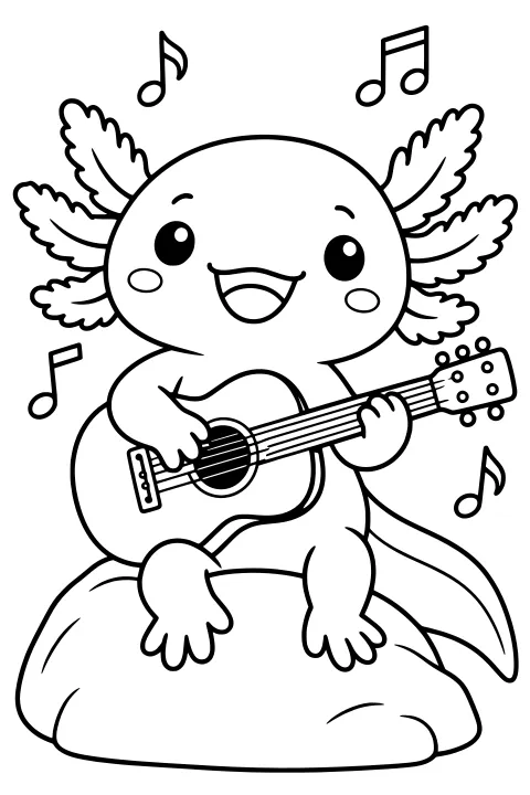 Axolotl seated on a rounded rock and playing a guitar, with feathery external gills, a curved tail, and floating music notes.