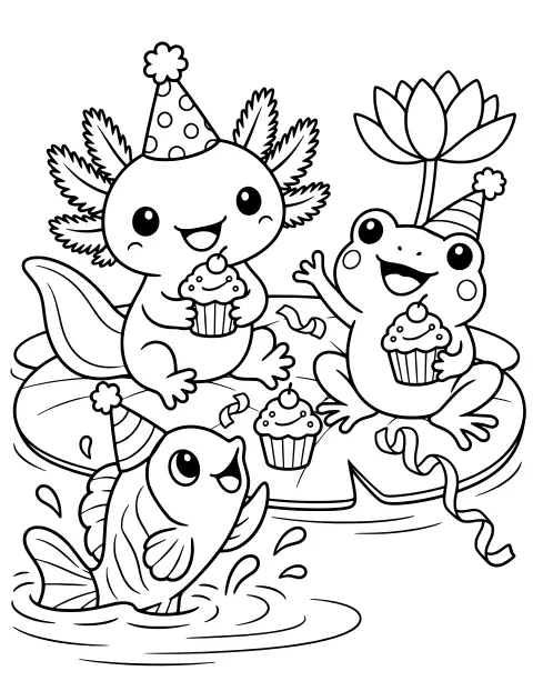 An axolotl and frog in party hats hold cupcakes on a lily pad as a party-hat fish rises from the pond near a lotus flower and streamers.