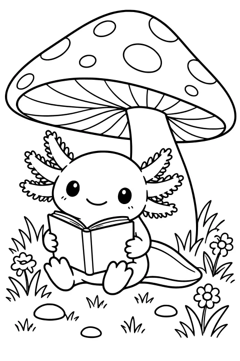 Axolotl holding an open book beneath a large spotted mushroom, surrounded by grass, flowers, and stones.