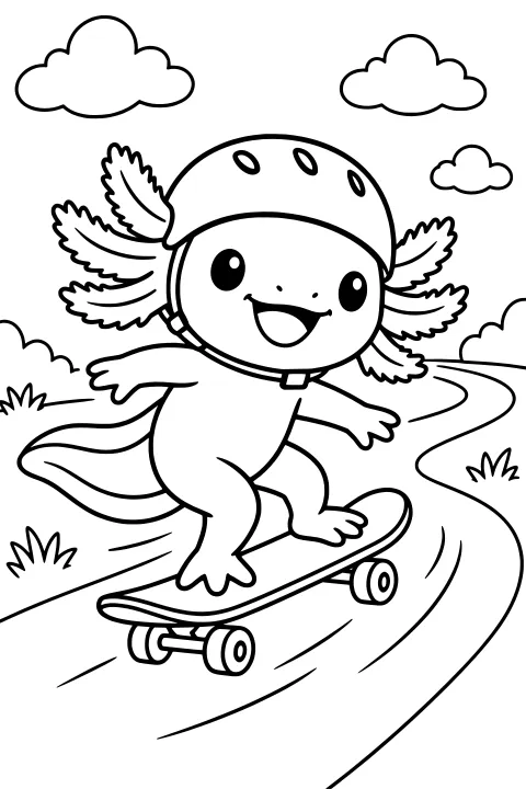 Helmeted axolotl riding a skateboard on a winding road bordered by grass and bushes beneath rounded clouds.