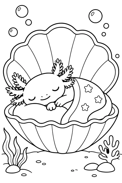 Sleeping axolotl tucked beneath a star-patterned blanket in an open seashell, with bubbles, sea plants, stones, and sand nearby.