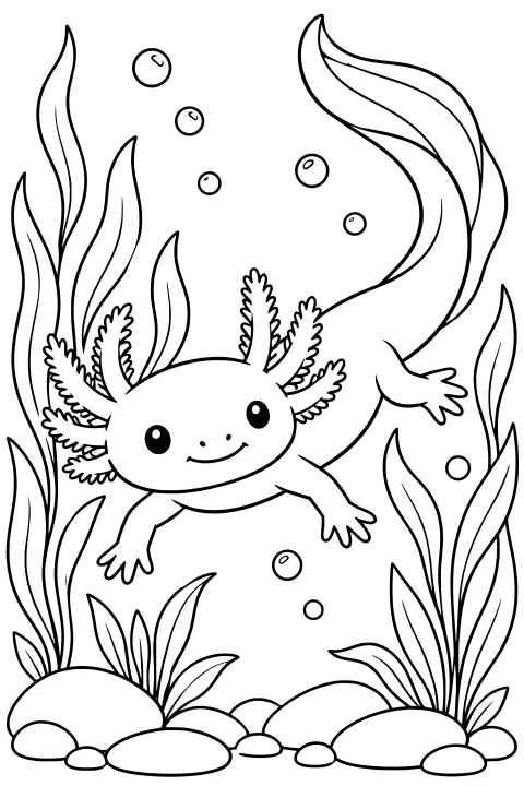 An axolotl with feathery external gills and a curling tail swimming among tall water plants, bubbles, and rounded stones.