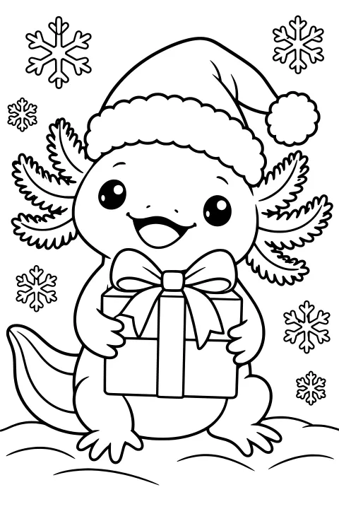 Axolotl wearing a Santa hat and holding a wrapped gift, surrounded by snowflakes on snowy ground