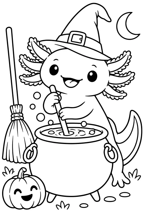 Witch-hatted axolotl stirring a bubbling cauldron beside a broom, smiling pumpkin, and crescent moon.