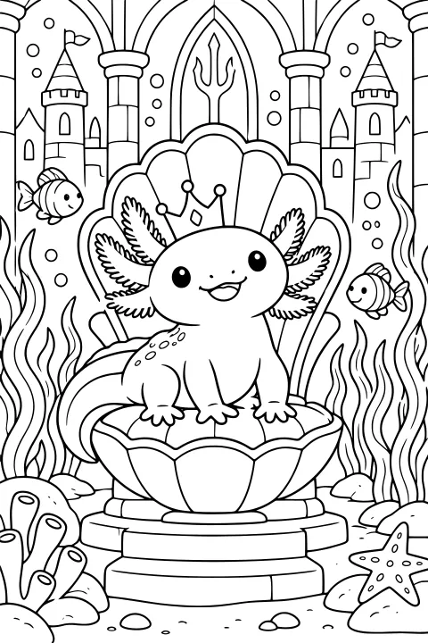 Crowned axolotl seated on a shell-shaped throne inside an underwater castle with fish, seaweed, coral, bubbles, and a starfish.