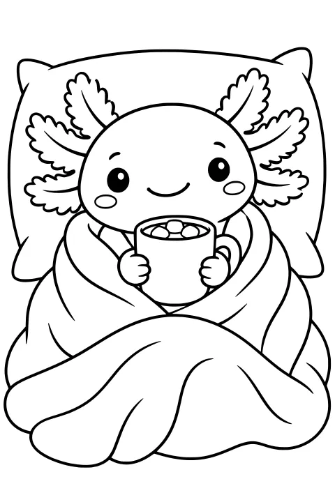 Smiling axolotl holding a marshmallow-topped mug while tucked under a thick blanket against a large pillow, with feathery external gills framing its head.