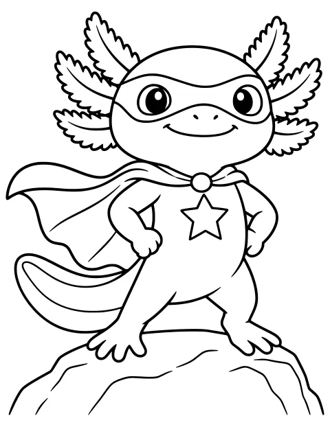 Masked axolotl standing on a rock with a flowing cape, star chest emblem, feathery external gills, and a broad curved tail