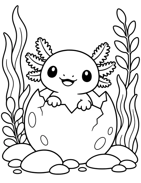 Baby axolotl peeking from a cracked egg among tall aquatic plants and rounded stones, with feathery external gills and front feet resting on the shell.