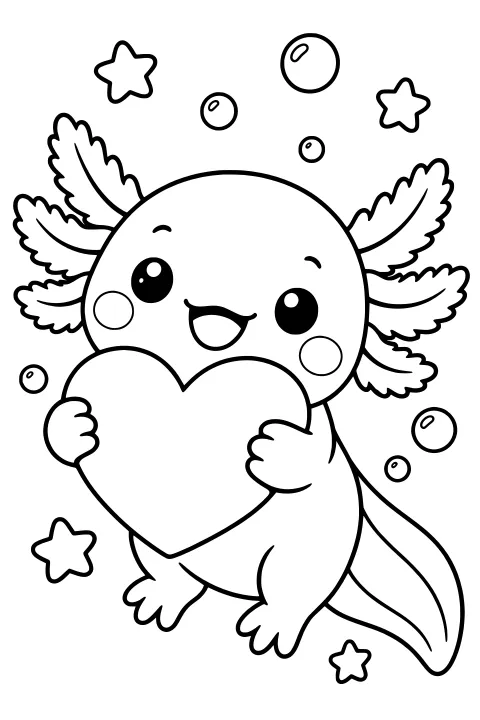 Kawaii axolotl holding a large heart, with feathery gills, a curved tail, bubbles, and stars around it.