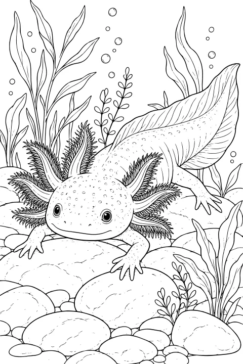 Detailed axolotl resting on rounded riverbed stones among aquatic plants and bubbles, with feathery external gills and a long finned tail.