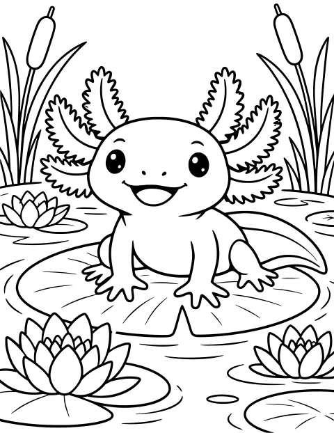 Smiling axolotl with feathery external gills sitting on a lily pad among water lilies, reeds, cattails, and pond ripples.