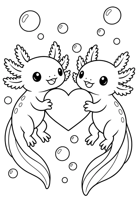 Two axolotls holding a large heart, surrounded by bubbles, with feathery external gills, spotted bodies, and long finned tails.