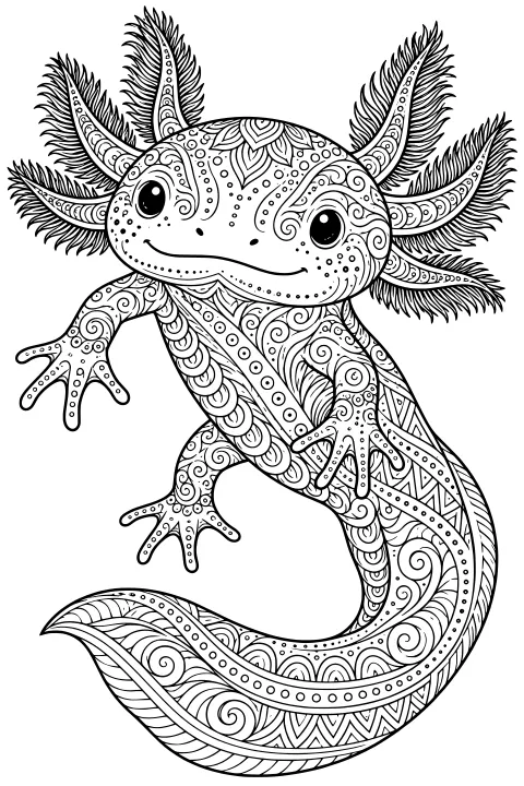 Line art of a curved axolotl with feathery external gills, wide eyes, limbs, a sweeping tail, and ornate swirls, dots, leaves, scallops, and geometric bands.