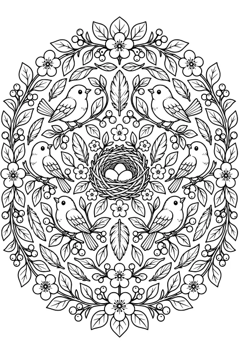 Birds perched among flowers, leaves, berries, and feathers around a central woven nest with eggs in an oval arrangement.
