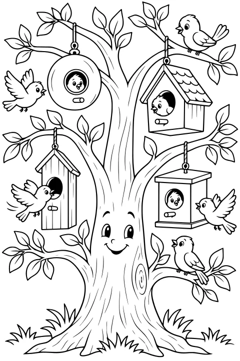Smiling tree with leafy branches, hanging birdhouses, perched and flying birds, and birds peeking through round openings.