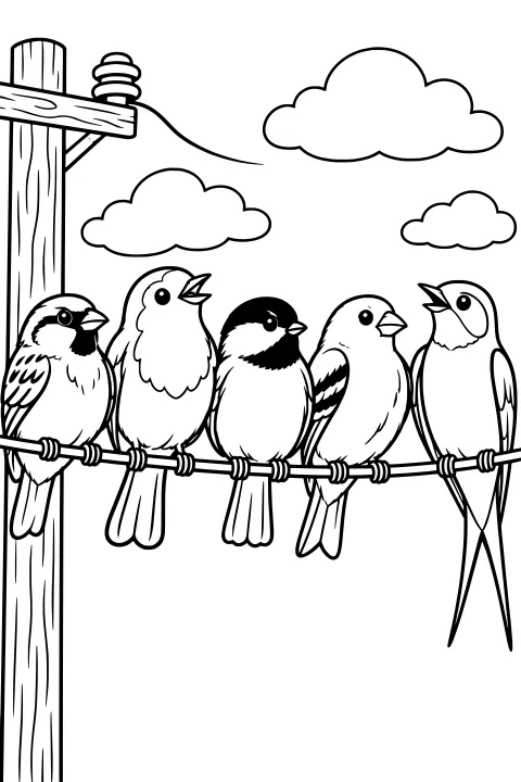 Five birds perched side by side on a wire near a wooden utility pole, with rounded clouds overhead.