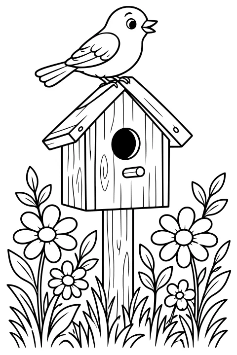 Bird perched on a peaked birdhouse roof above flowers, leafy stems, tall grass, and a wooden post.