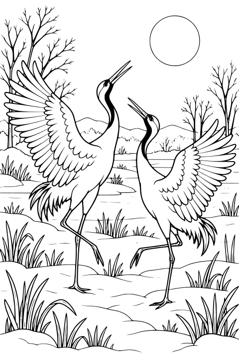 Cranes with raised wings and lifted legs in a snowy wetland with bare trees, distant mountains, grasses, water, and a round disk in the sky.