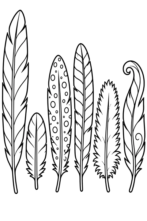 Decorative upright feathers with spotted, striped, jagged, and curled designs against a blank background.