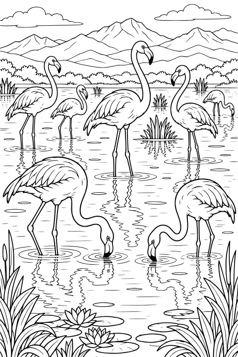 Flamingos wading and feeding in a shallow lagoon with reeds, lily pads, water reflections, distant mountains and clouds.