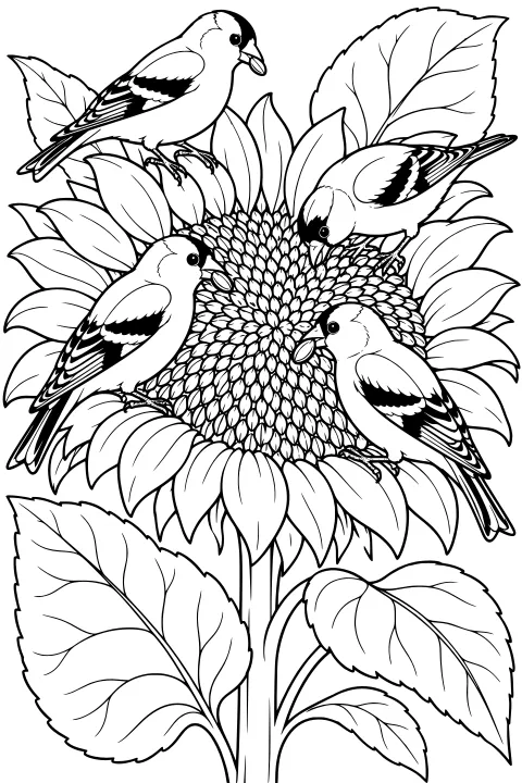 Goldfinches perched around a large sunflower with a dense seed head, broad petals, tall stems and veined leaves.