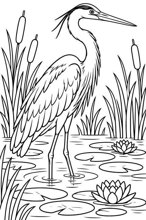 Great blue heron standing in a pond among reeds, cattails, lily pads, water lilies, and ripples.