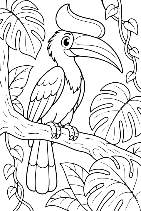 Hornbill with a large casque and curved bill perched on a branch, surrounded by broad tropical leaves and winding vines.