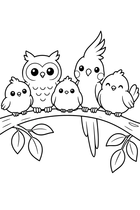Black-and-white line art of round stylized birds, including an owl-like bird and a tall-crested bird, perched together on a leafy tree branch.