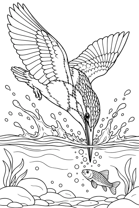 Kingfisher diving beak-first through splashing water toward a fish, with bubbles, aquatic plants, and rounded rocks below the surface.