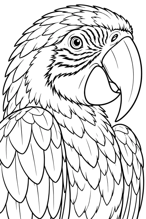 Close-up line art of a macaw with a curved beak, round eye, facial markings, and layered feathers covering its crown, chest, and folded wings.