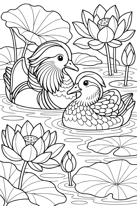 Mandarin ducks floating on rippling water among large lily pads, open lotus flowers, seed pods, and upright buds.