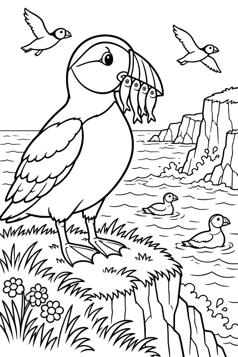 Puffin holding fish on a grassy coastal cliff, with flying and swimming puffins, rocky ledges, flowers, ocean waves, and splashing water.