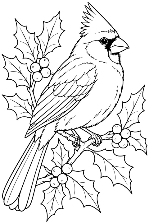 Crested cardinal perched on a holly branch with pointed leaves, round berries, layered wing feathers, and a long tail.