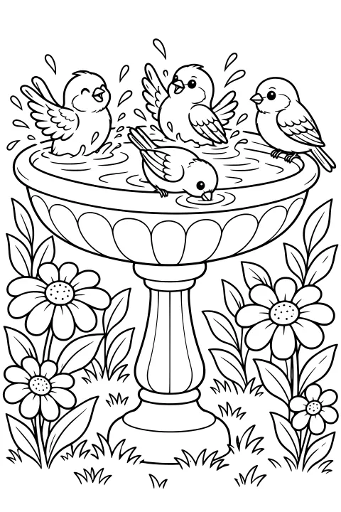 Small birds bathing, drinking, and perching on a pedestal birdbath surrounded by flowers, leaves, grass, water ripples, and droplets.