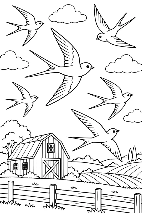 Swallows with outstretched wings and forked tails flying over a barn, fence, rolling fields, trees, bushes, and clouds.
