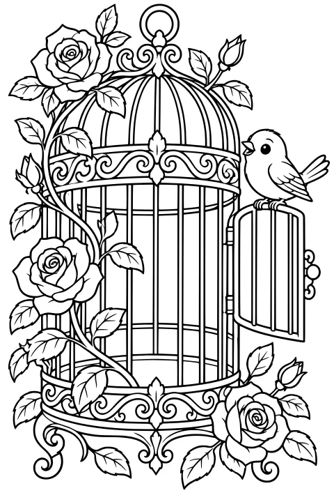 Small bird perched on the open door of an ornate domed birdcage surrounded by roses, buds, leafy stems, and decorative scrollwork.
