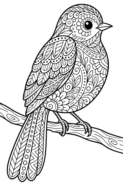 Patterned bird perched on a branch with layered feathers, a long tail, floral motifs, leaves, dots, and swirling details.