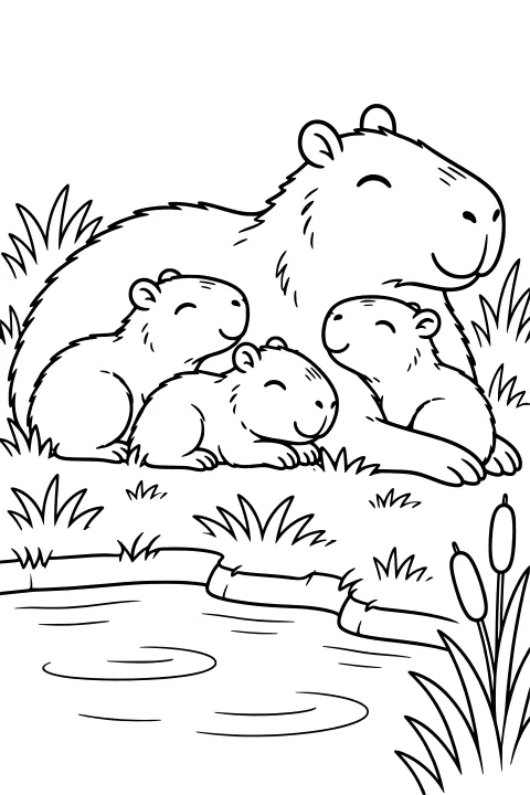 Adult capybara with baby capybaras resting together on a grassy pond bank surrounded by reeds, cattails, and water ripples.