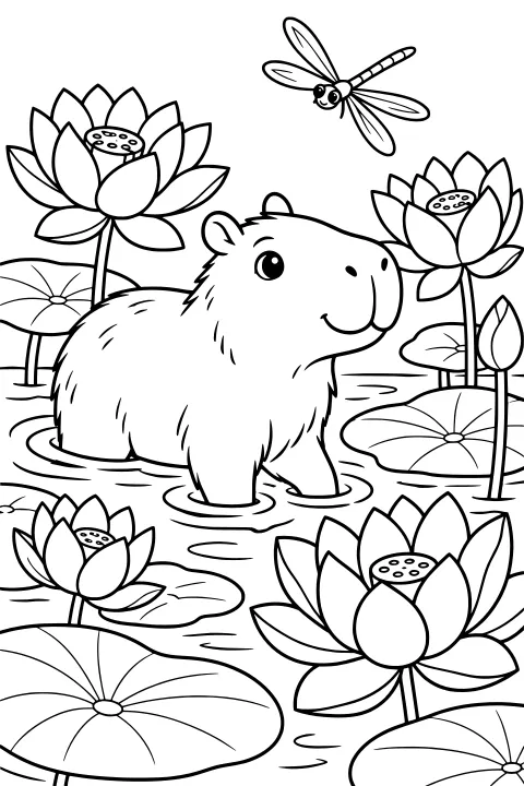 Capybara wading in a lotus pond with open blossoms, lily pads, water ripples, and a dragonfly overhead.