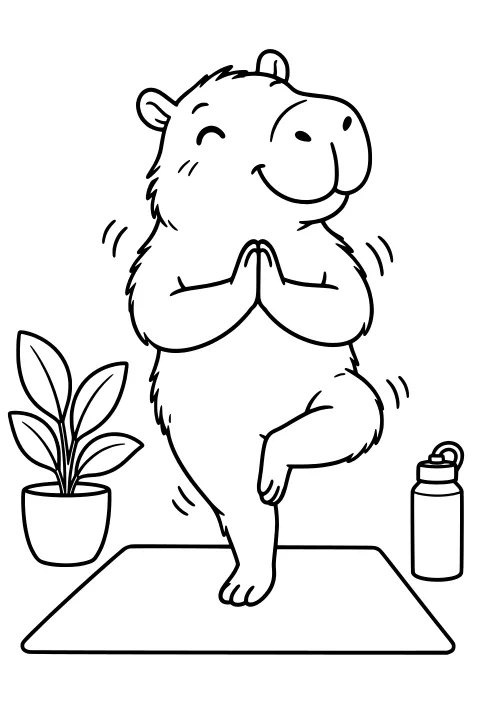 Capybara balancing in a yoga pose on a mat beside a leafy potted plant and capped bottle.