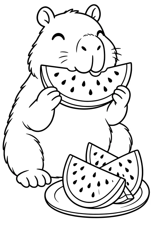 Cartoon capybara holding a seeded watermelon wedge to its mouth, with more watermelon slices arranged on a round plate below.