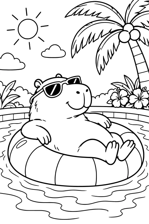 Capybara wearing sunglasses and reclining on an inner tube in a pool surrounded by rippling water, tropical flowers, a palm tree, clouds, and the sun.