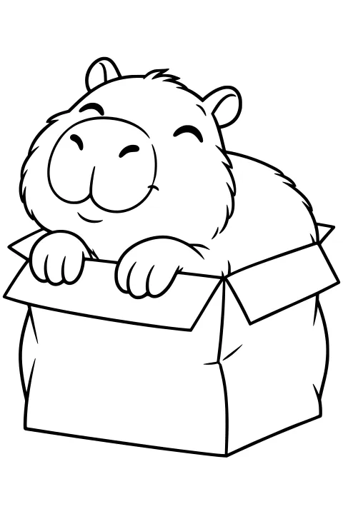 Line art of a capybara sitting in an open cardboard box, with front paws over a flap, rounded ears, a broad muzzle, and tufts of fur.