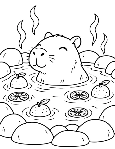 Capybara resting in a steaming rock-lined hot spring with floating whole citrus fruits, citrus slices, leaves, and ripples.