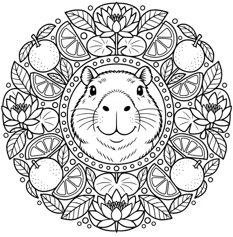 Central capybara face surrounded by circular borders, lotus-like flowers, citrus wedges, round fruit, leaves, and decorative dots.