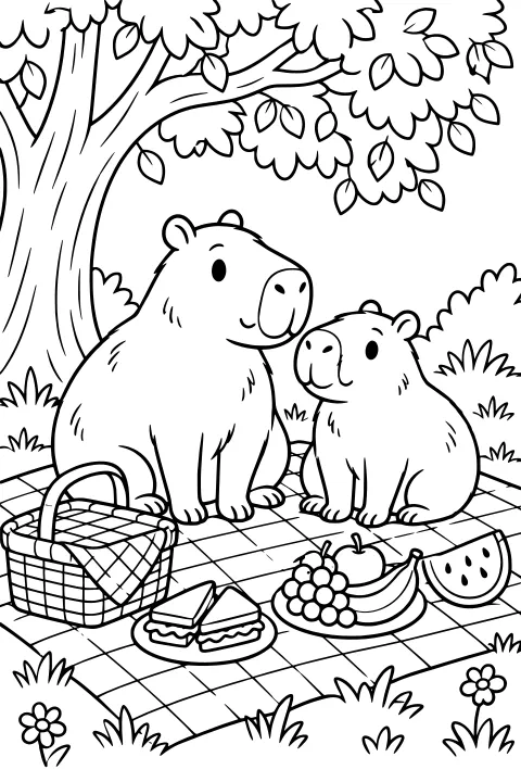 Two capybaras beneath a leafy tree on a checked picnic blanket with a woven basket, sandwich, grapes, bananas, apple, and watermelon slice.