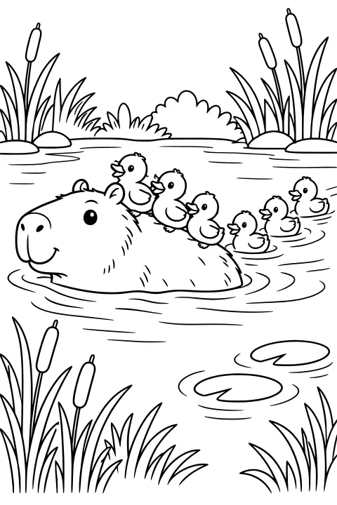 Black-and-white line art of a capybara swimming with ducklings on its back and in the water, surrounded by reeds, cattails, lily pads, shoreline plants, and ripples.